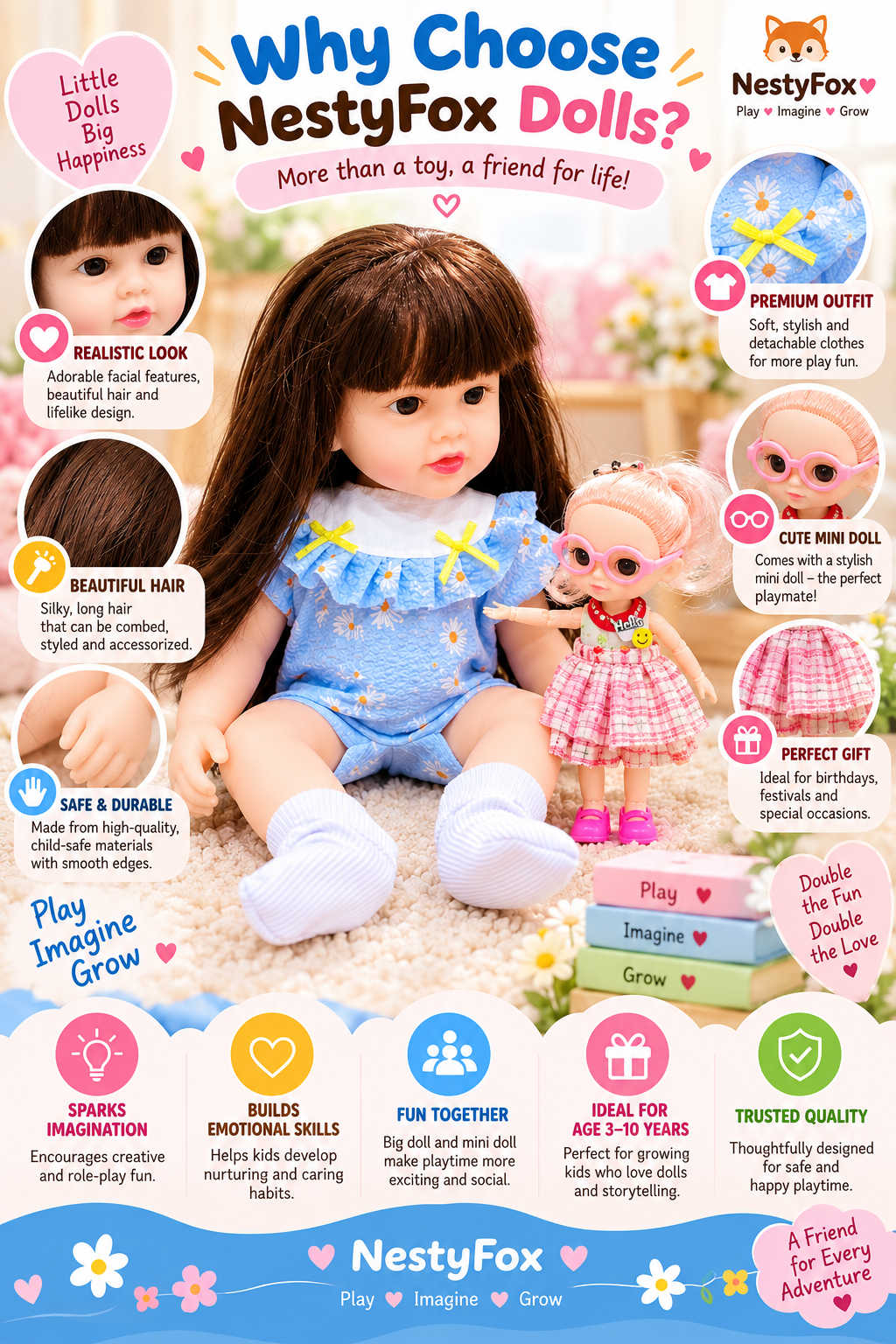 NestyFox blue dress three-doll combo with size measurements