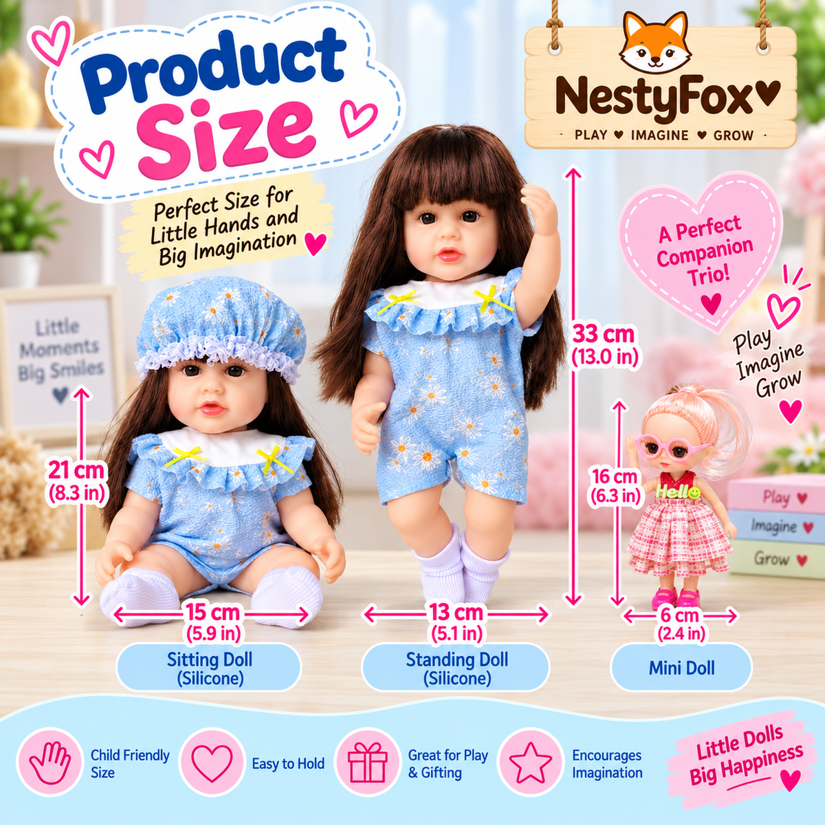 Blue dress doll playing with a mini fashion doll in a bright playroom