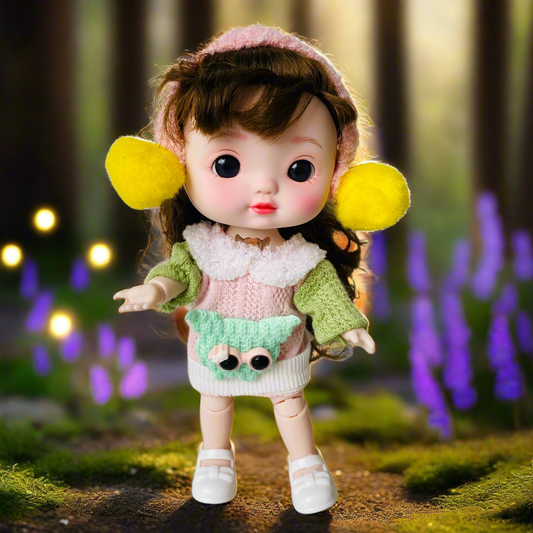 NestyFox 22cm Musical Doll with 15 Movable Joints – Realistic Eyes, Cute Winter Outfit