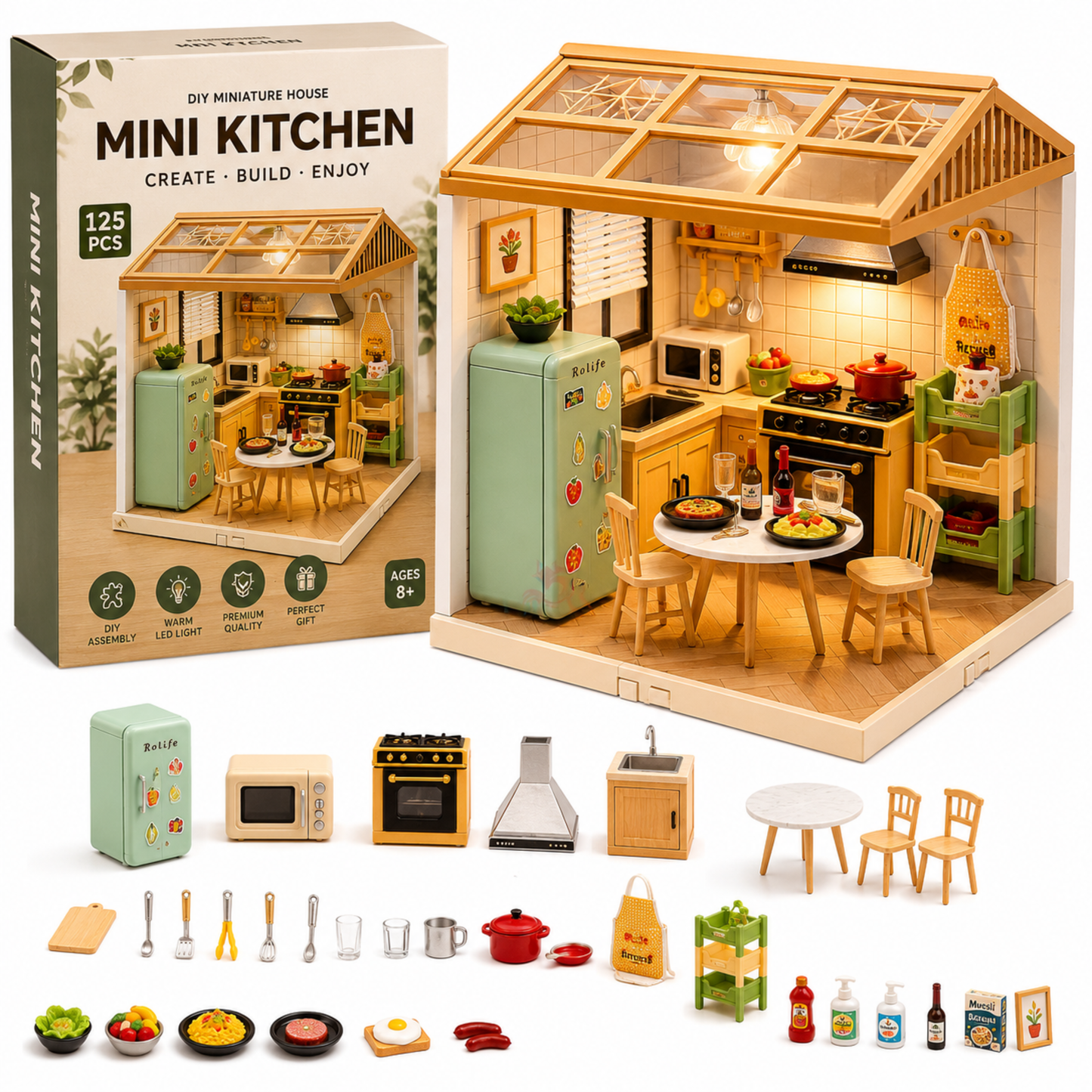 DIY Miniature Kitchen House Kit | 125 PCS | Warm LED Light
