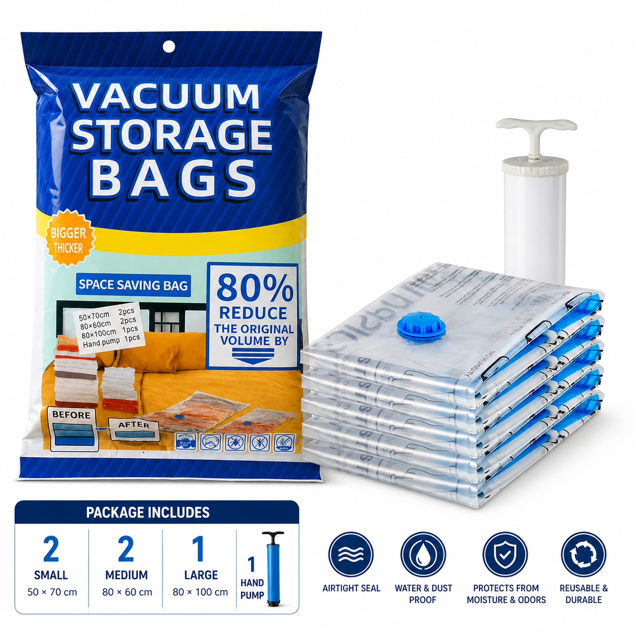 Vacuum Compression Storage Bags with Hand Pump - Large, 5-Pack, Plastic