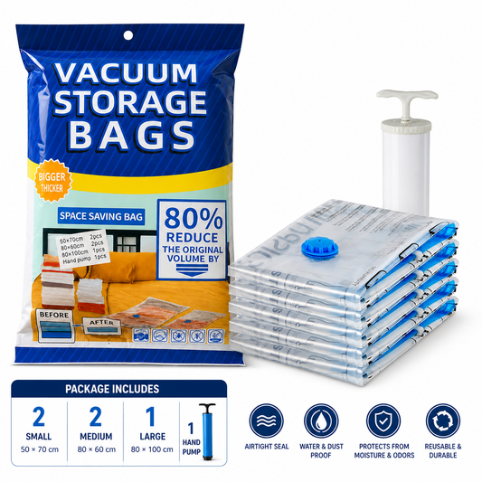 Vacuum Compression Storage Bags with Hand Pump - Large, 5-Pack, Plastic