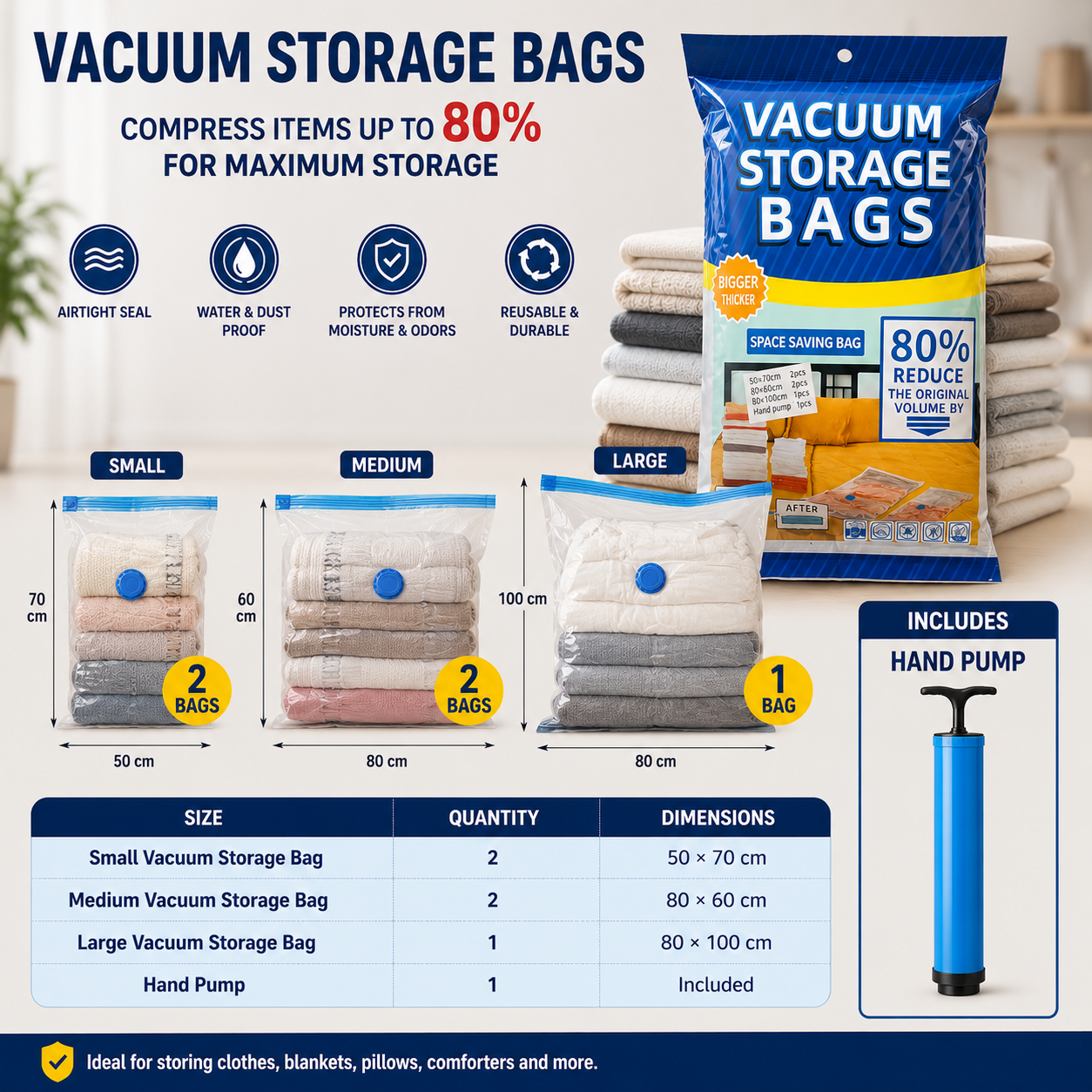 Vacuum Compression Storage Bags with Hand Pump - Large, 5-Pack, Plastic
