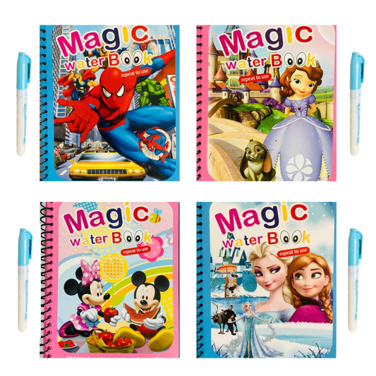 Children's Cartoon Magic Water Painting Books, Set of 4, Spiral Bound (Spider-Man, Mickey Mouse, Minnie Mouse, Princess Sofia, Elsa, and Anna)