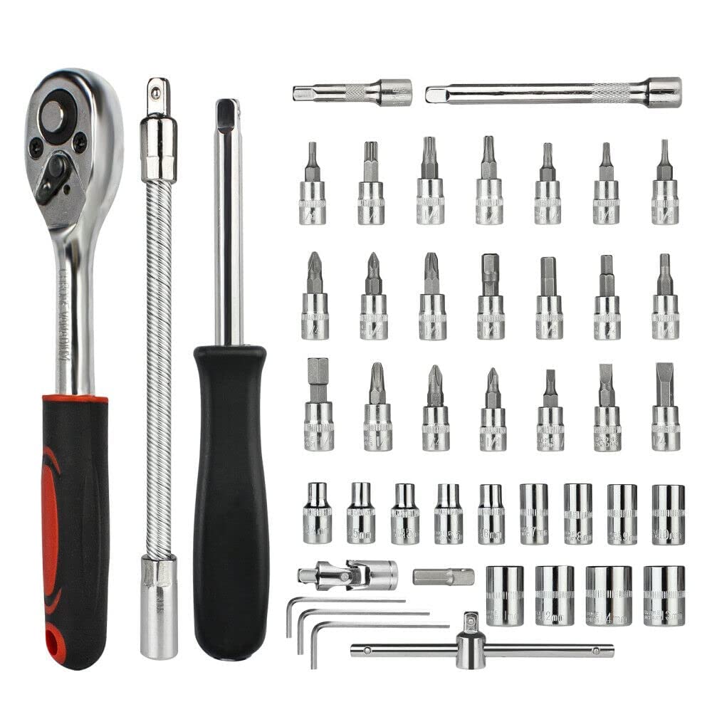 46 in 1 Heavy Duty 1/4 Inch Ratchet Socket Wrench Spanner Tool Set for Automotive and Home Repair