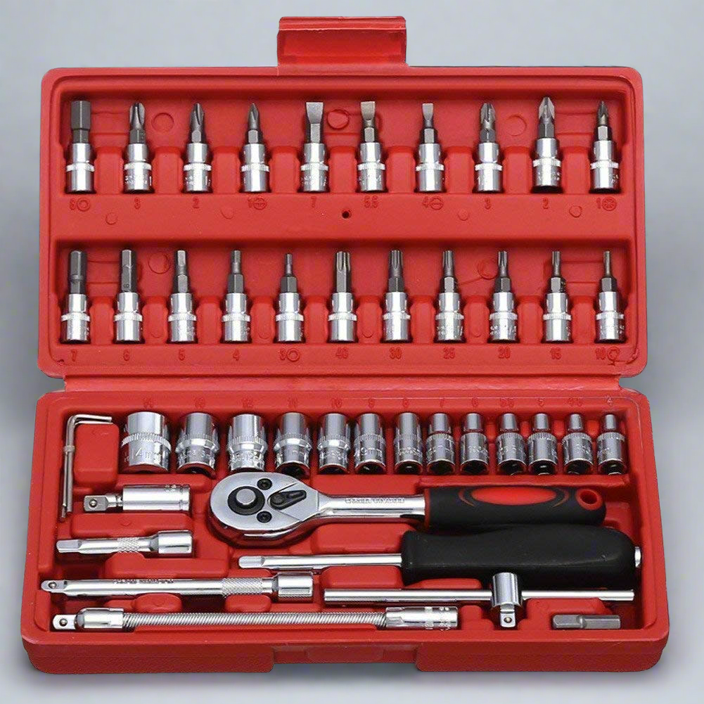 46 in 1 Heavy Duty 1/4 Inch Ratchet Socket Wrench Spanner Tool Set for Automotive and Home Repair