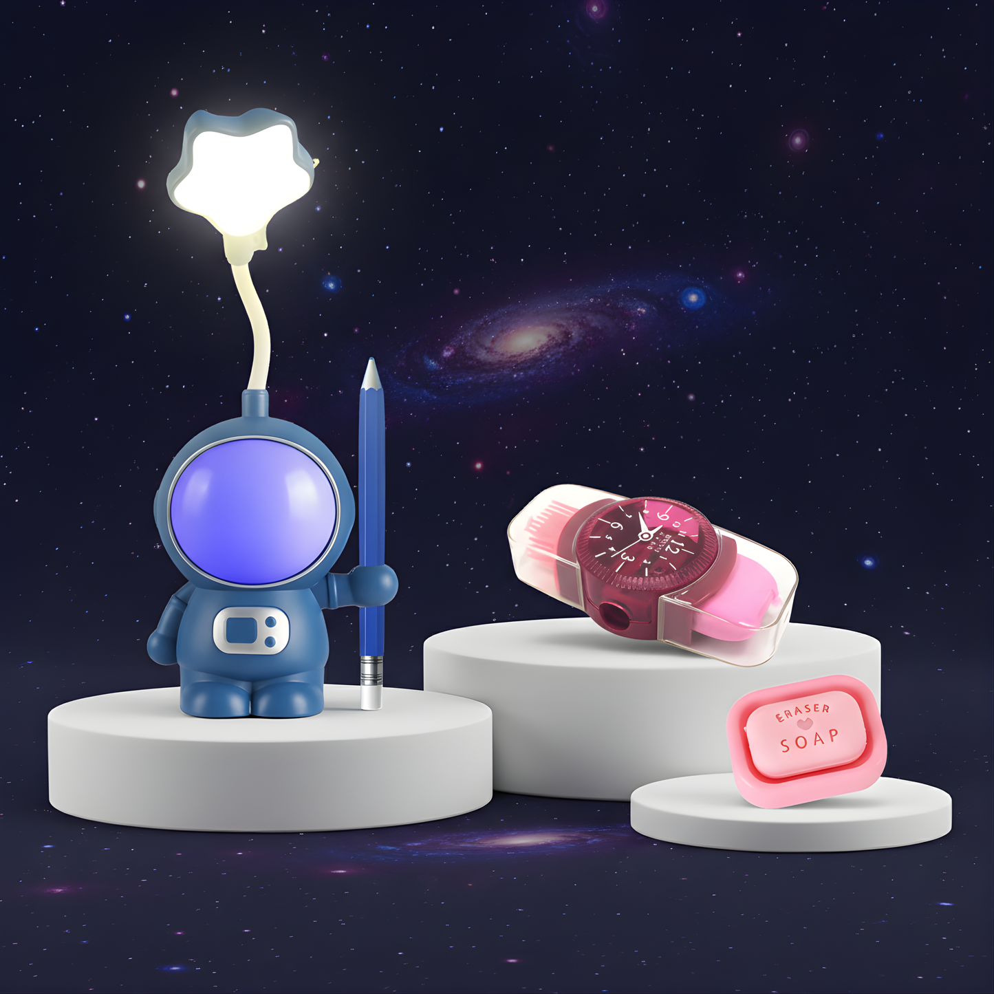 NestyFox Astronaut LED Study Lamp Desk Combo Set with Soap Shape Eraser & Watch Style Sharpener + Eraser