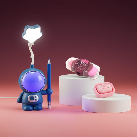 NestyFox Astronaut LED Study Lamp Desk Combo Set with Soap Shape Eraser & Watch Style Sharpener + Eraser