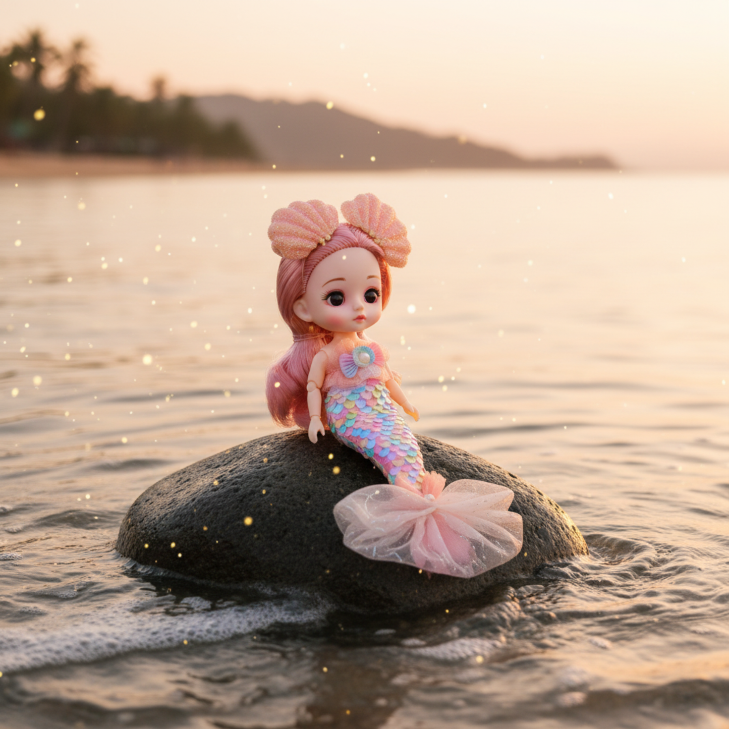 NestyFox Mini Mermaid Doll – 23 cm Collectible Fantasy Doll with Shell Headpiece & Iridescent Tail