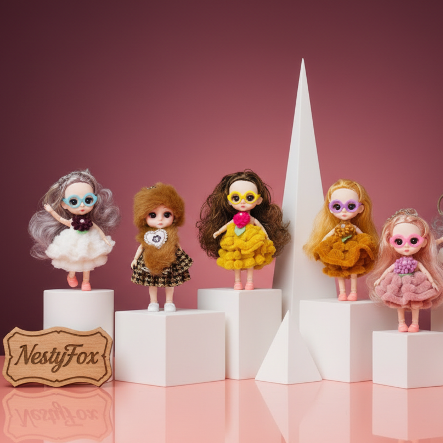 NestyFox Mini Fashion Doll – 16cm Collectible Doll with Fluffy Dress & Stylish Glasses