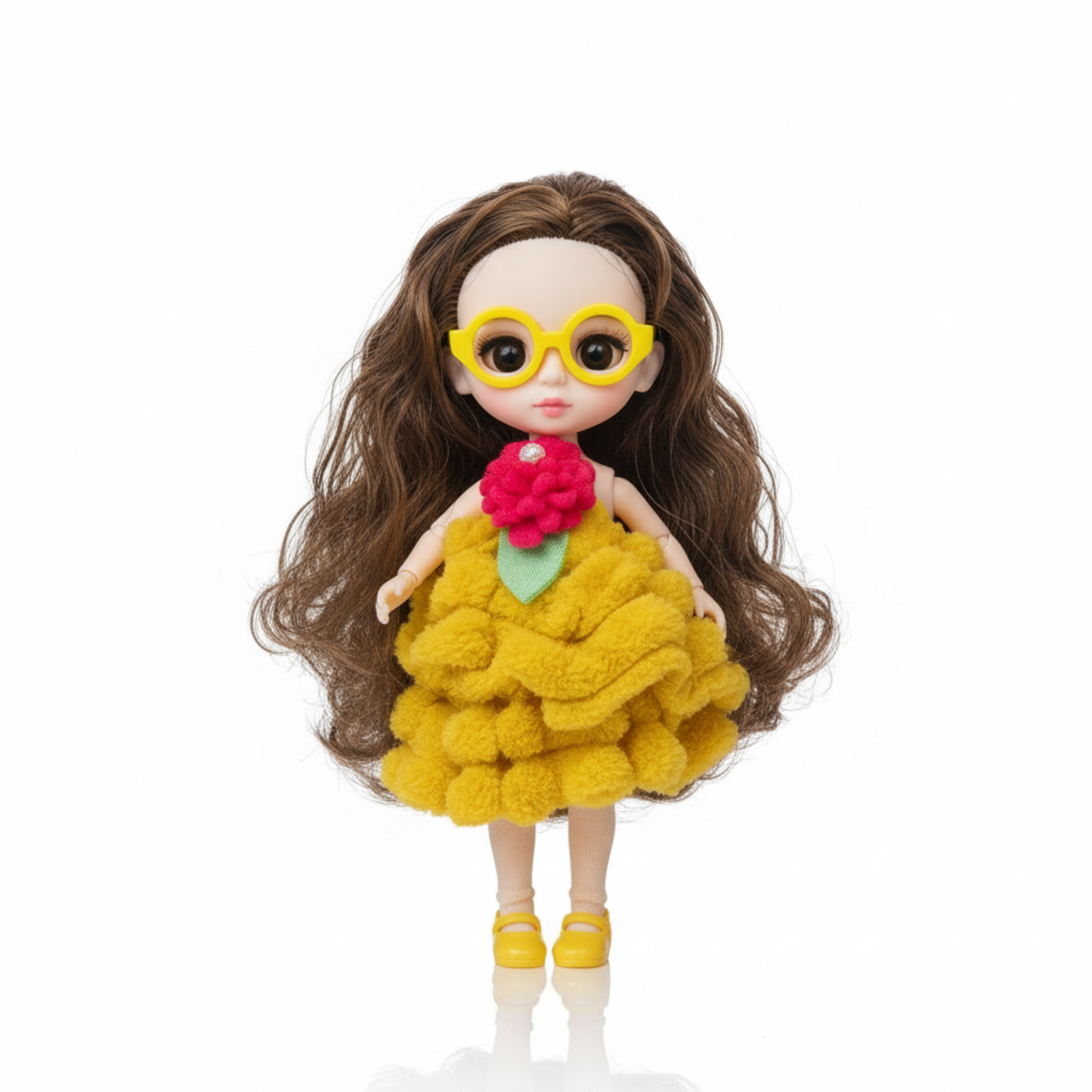 NestyFox Mini Fashion Doll – 16cm Collectible Doll with Fluffy Dress & Stylish Glasses