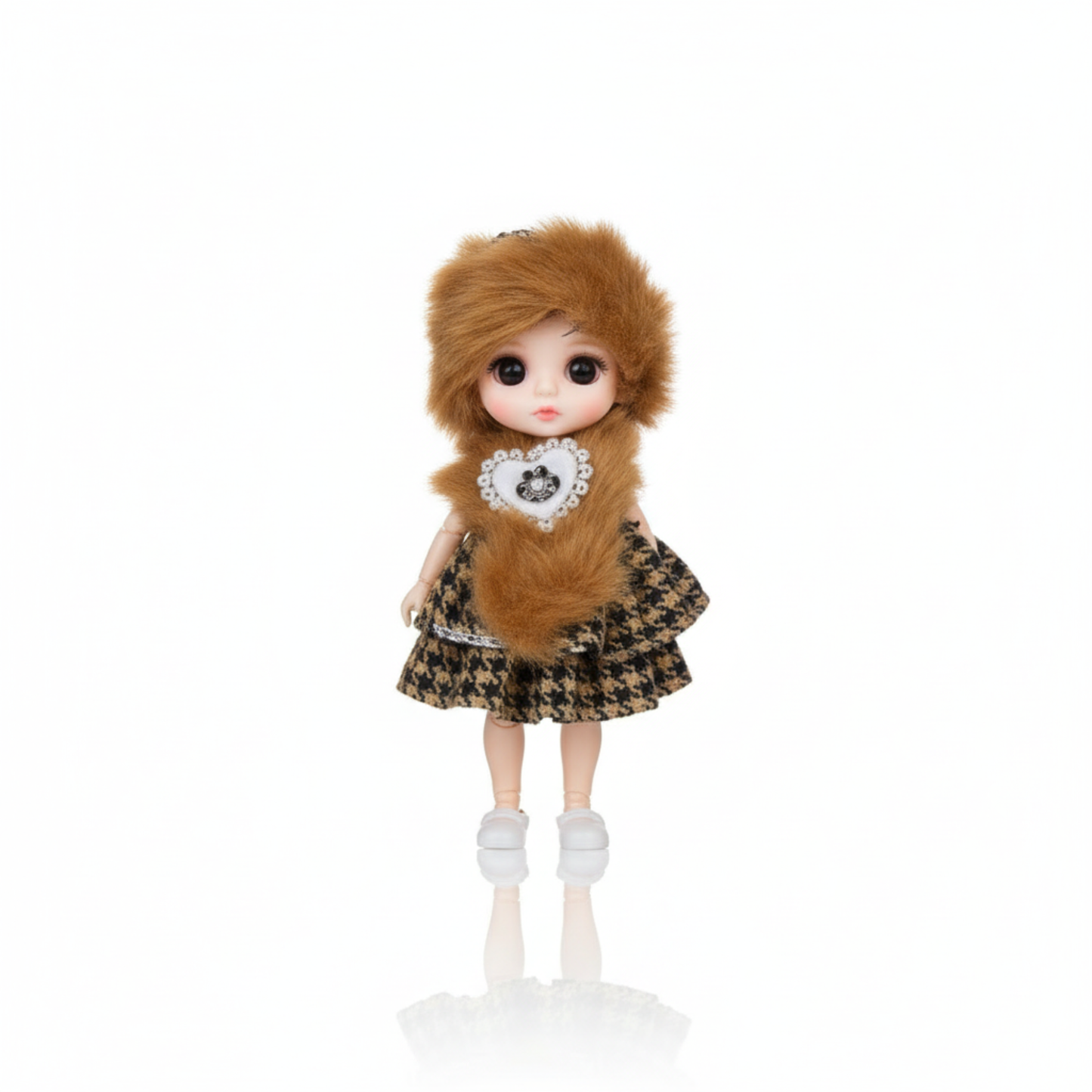 Mini BJD Doll – Fluffy Hat & Houndstooth Dress (16 cm)