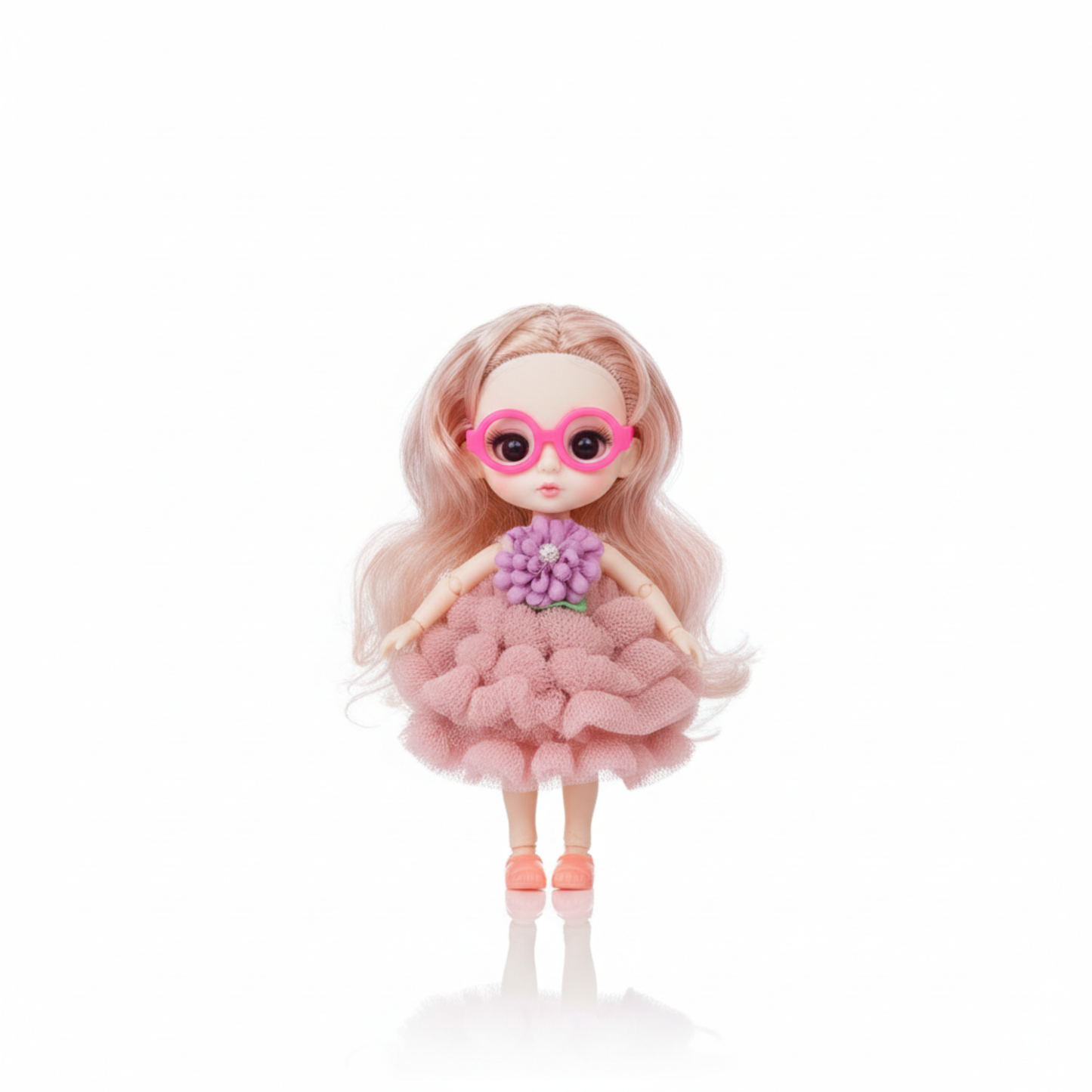 NestyFox Mini Fashion Doll – 16cm Collectible Doll with Fluffy Dress & Stylish Glasses