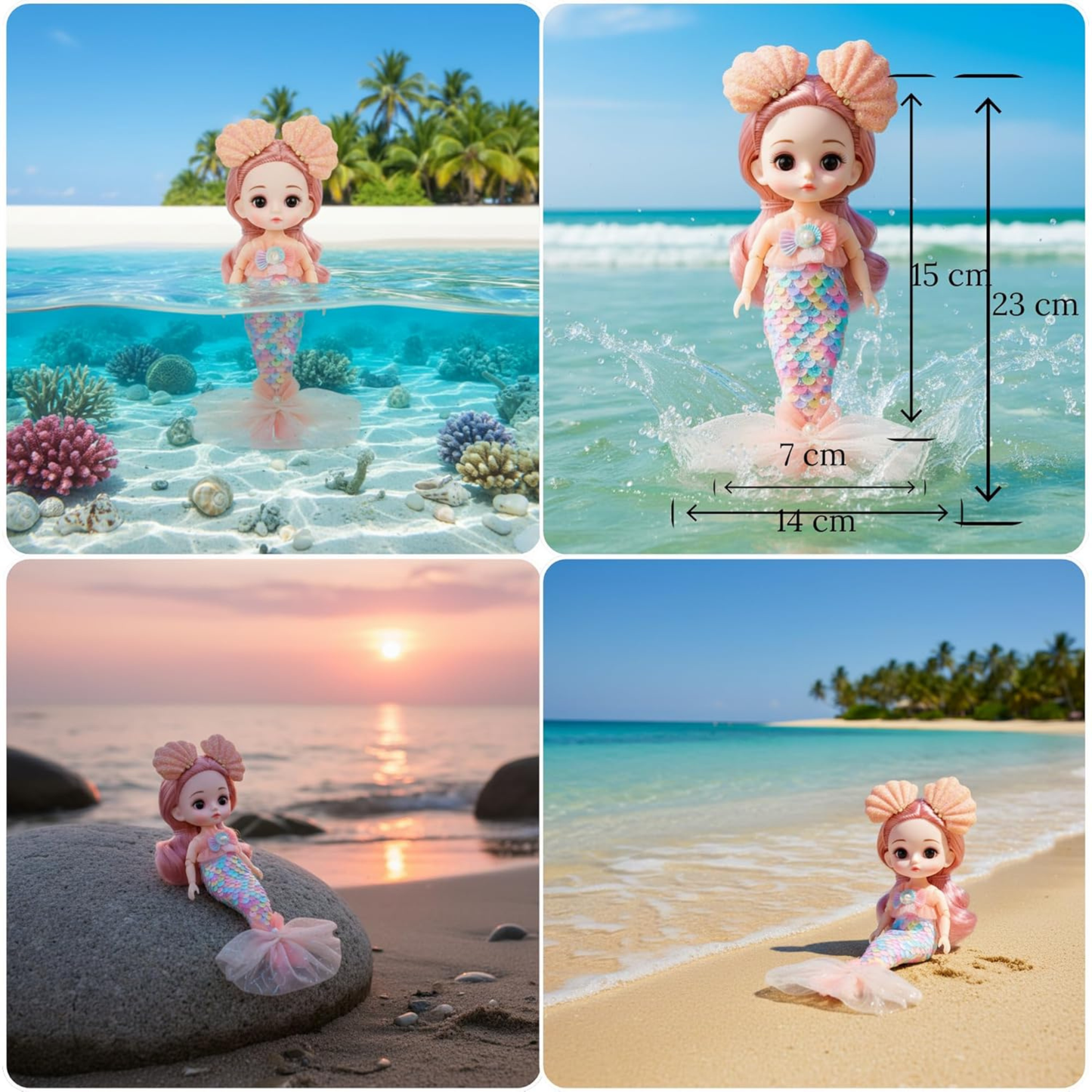 NestyFox 4 Dolls Set – Coco & Friends with Music & Light (22cm Fashion Doll + Mermaid + Mini + Baby)