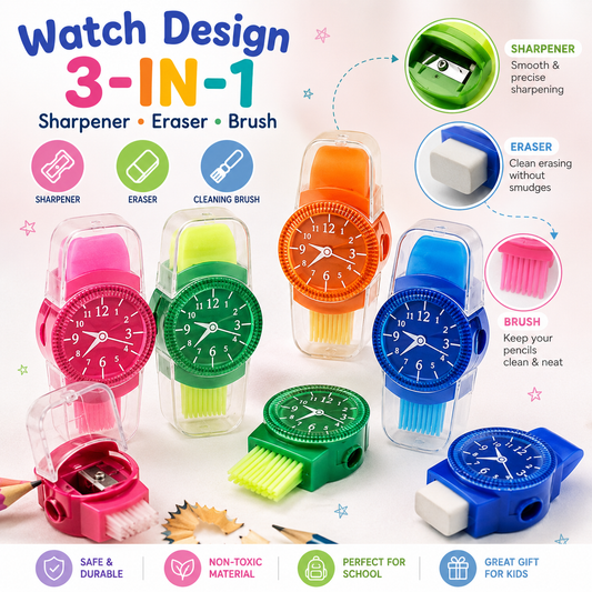 Watch Design Pencil Sharpener with Eraser & Brush for Kids - Pack of 10