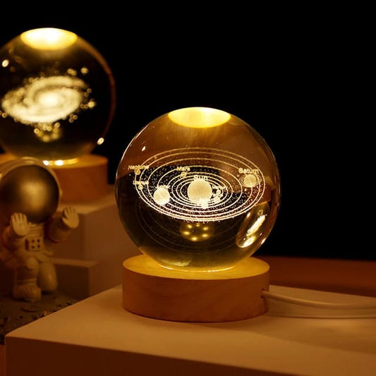 3D Crystal Solar System Warm Led with Wood Base