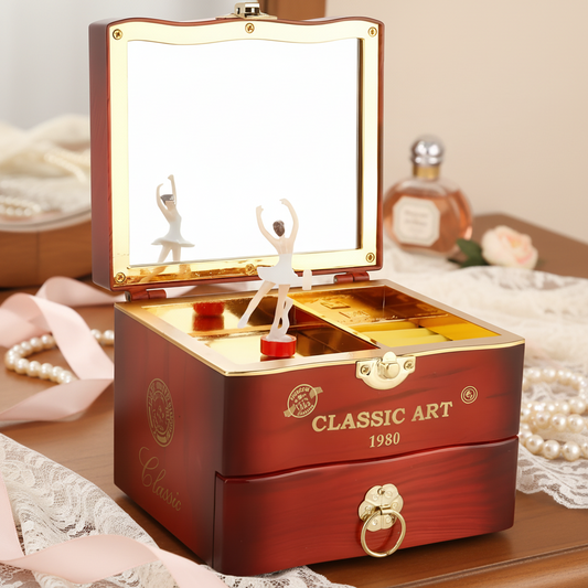 Retro Ballet Girl Jewelry Music Box – Classic Wooden Design with Rotating Ballerina, Mirror & Drawer Storage
