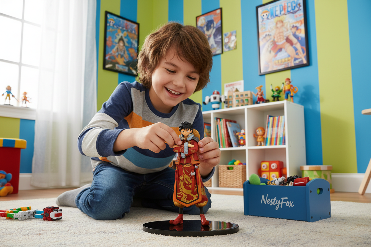 Boy Playing with Luffy Figurine in Kids Room