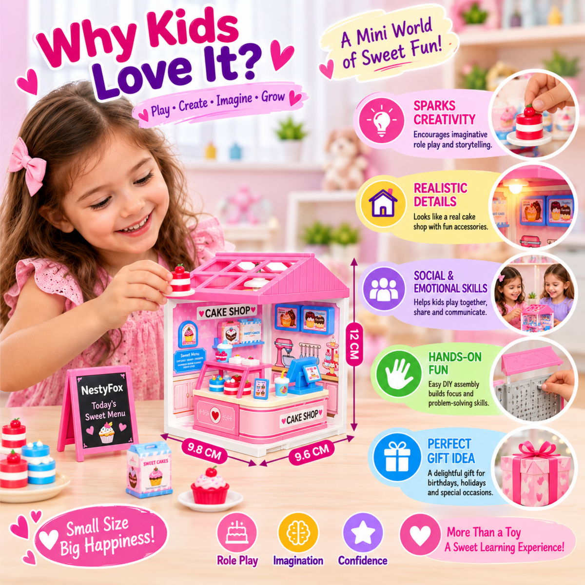 NestyFox DIY Mini Ice Cream Shop Dollhouse Toy with Light & Accessories