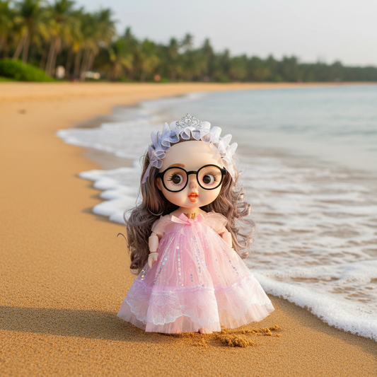 Fashion Doll with Music & Flexible Joints – 26 cm Stylish Princess Doll with Glasses, Tiara & Sparkling Dress