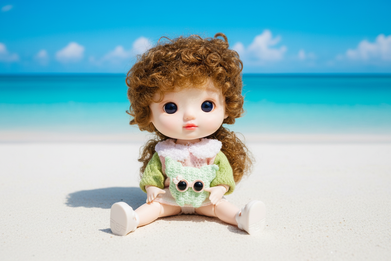 CoCo Green Sweater Sitting Beach