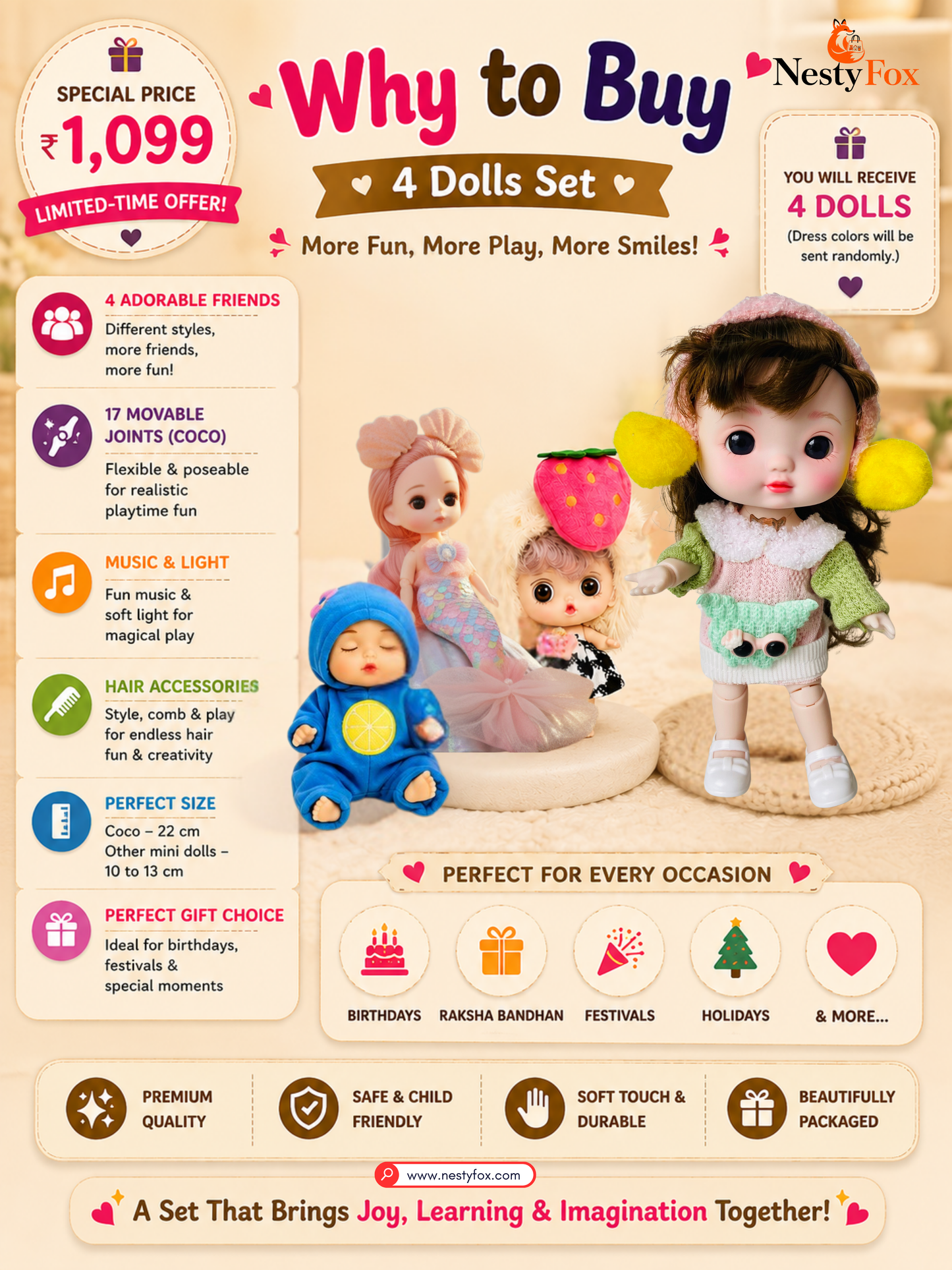 Coco Fashion Doll (22 cm) with Mermaid Doll (15 cm), Sleeping Baby Doll (12 cm), Big Eye Mini Doll (12 cm) & Surprise Gift | 4 Doll Playset for Girls