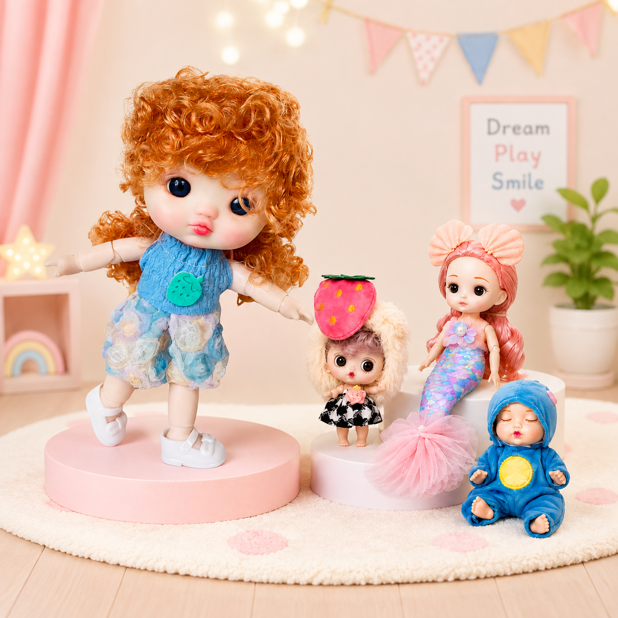 Coco Fashion Doll (22 cm) with Mermaid Doll (15 cm), Sleeping Baby Doll (12 cm), Big Eye Mini Doll (12 cm) & Surprise Gift | 4 Doll Playset for Girls