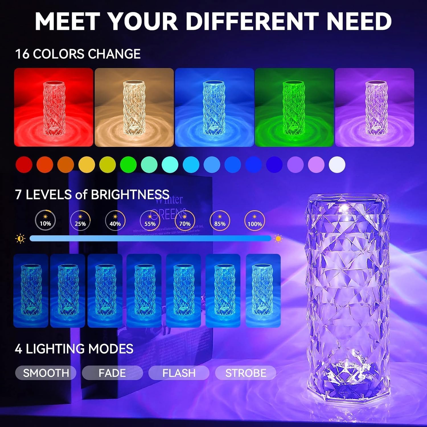 Crystal Lamp: 16 - Color Rose, USB Rechargeable, Touch Control - Dehradun Deals HubCrystal Lamp