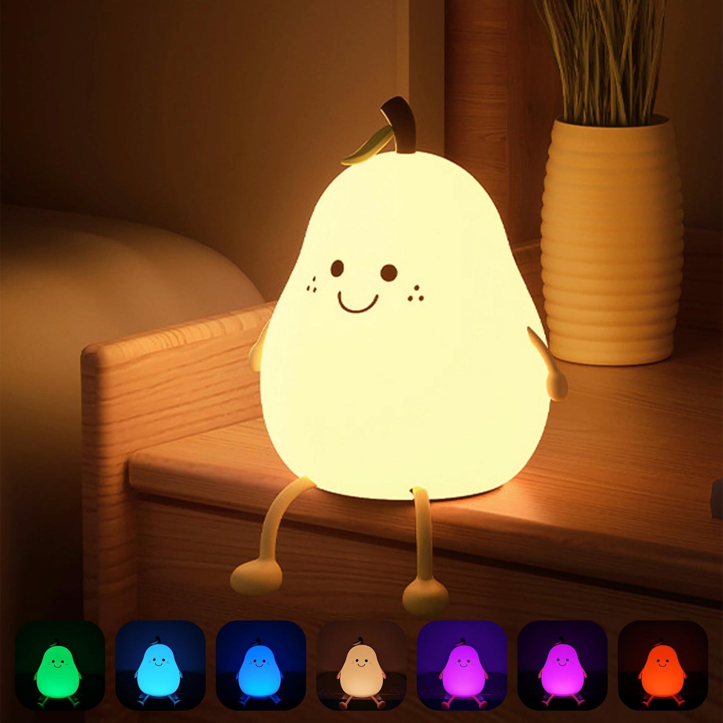 Cute Pear Kids Night Light - 7 Colors, Rechargeable, Silicone, Timer Function - Dehradun Deals HubPear Lamp