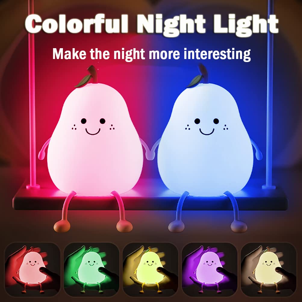 Cute Pear Kids Night Light - 7 Colors, Rechargeable, Silicone, Timer Function - Dehradun Deals HubPear Lamp