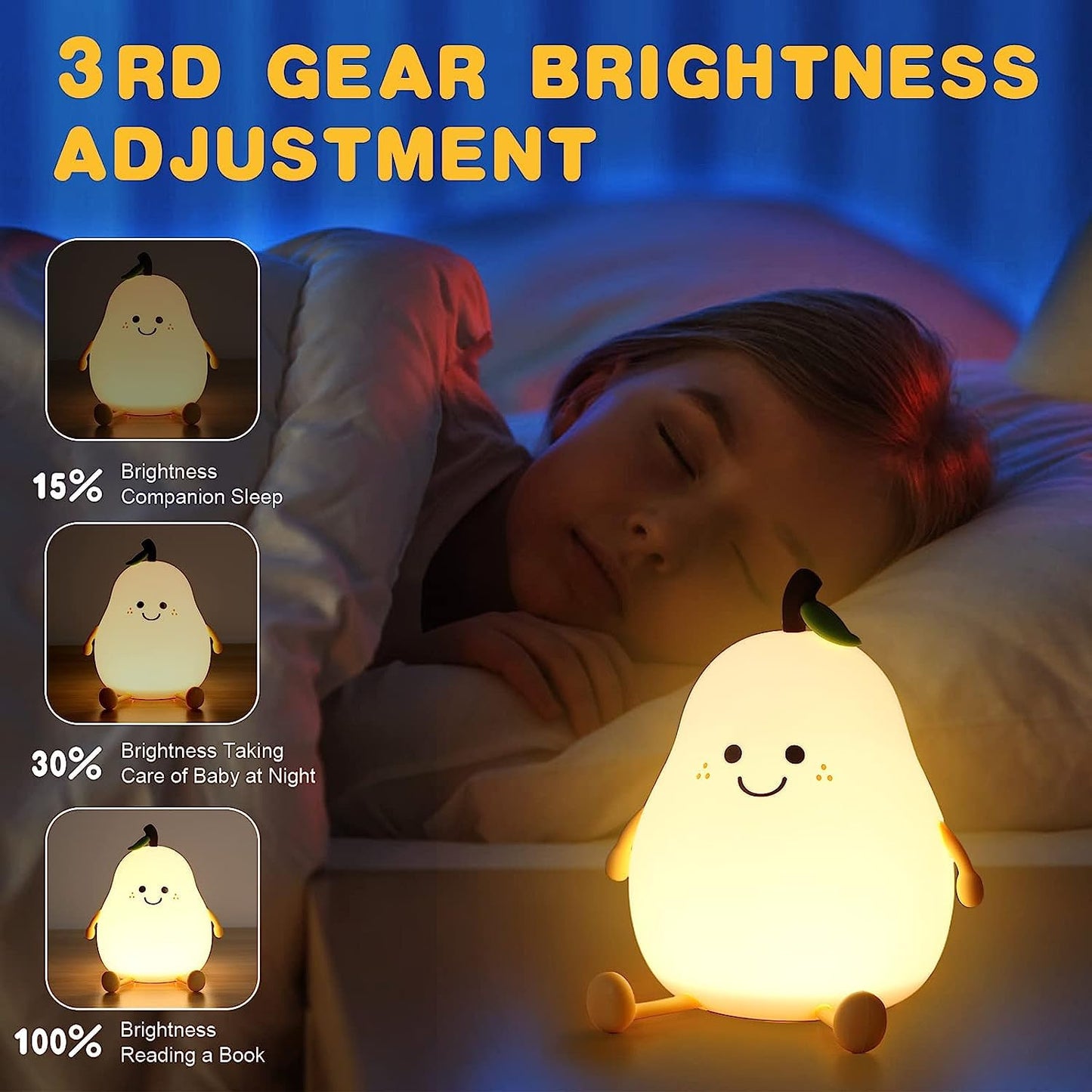 Cute Pear Kids Night Light - 7 Colors, Rechargeable, Silicone, Timer Function - Dehradun Deals HubPear Lamp