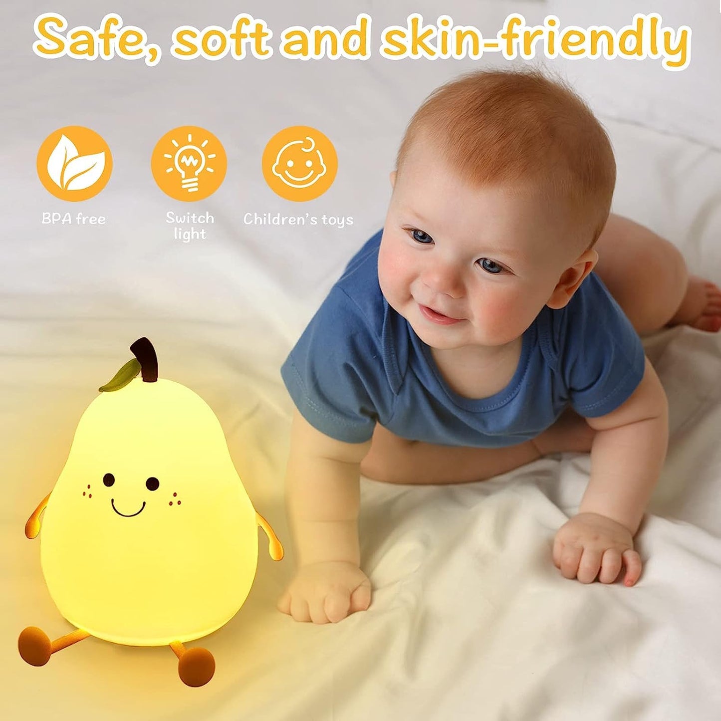 Cute Pear Kids Night Light - 7 Colors, Rechargeable, Silicone, Timer Function - Dehradun Deals HubPear Lamp