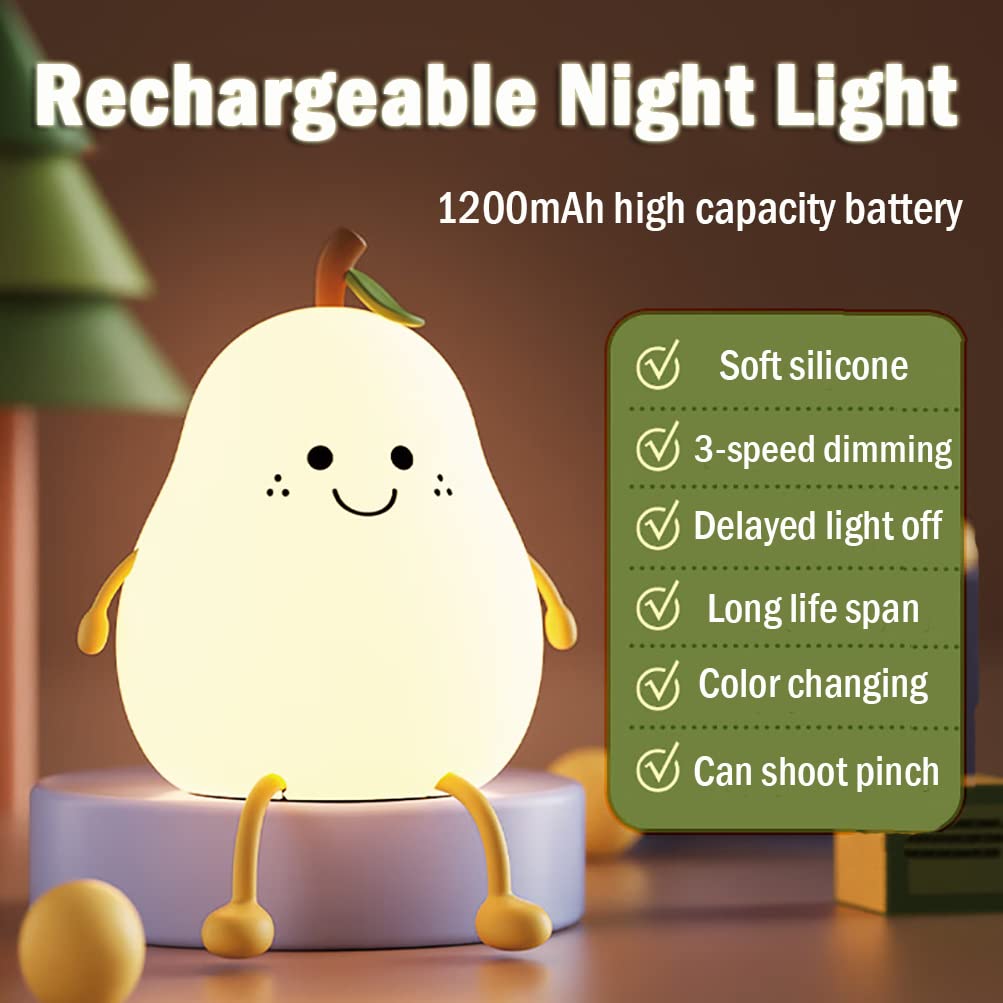 Cute Pear Kids Night Light - 7 Colors, Rechargeable, Silicone, Timer Function - Dehradun Deals HubPear Lamp