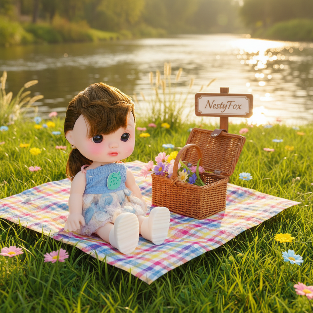 Doll at riverside picnic
