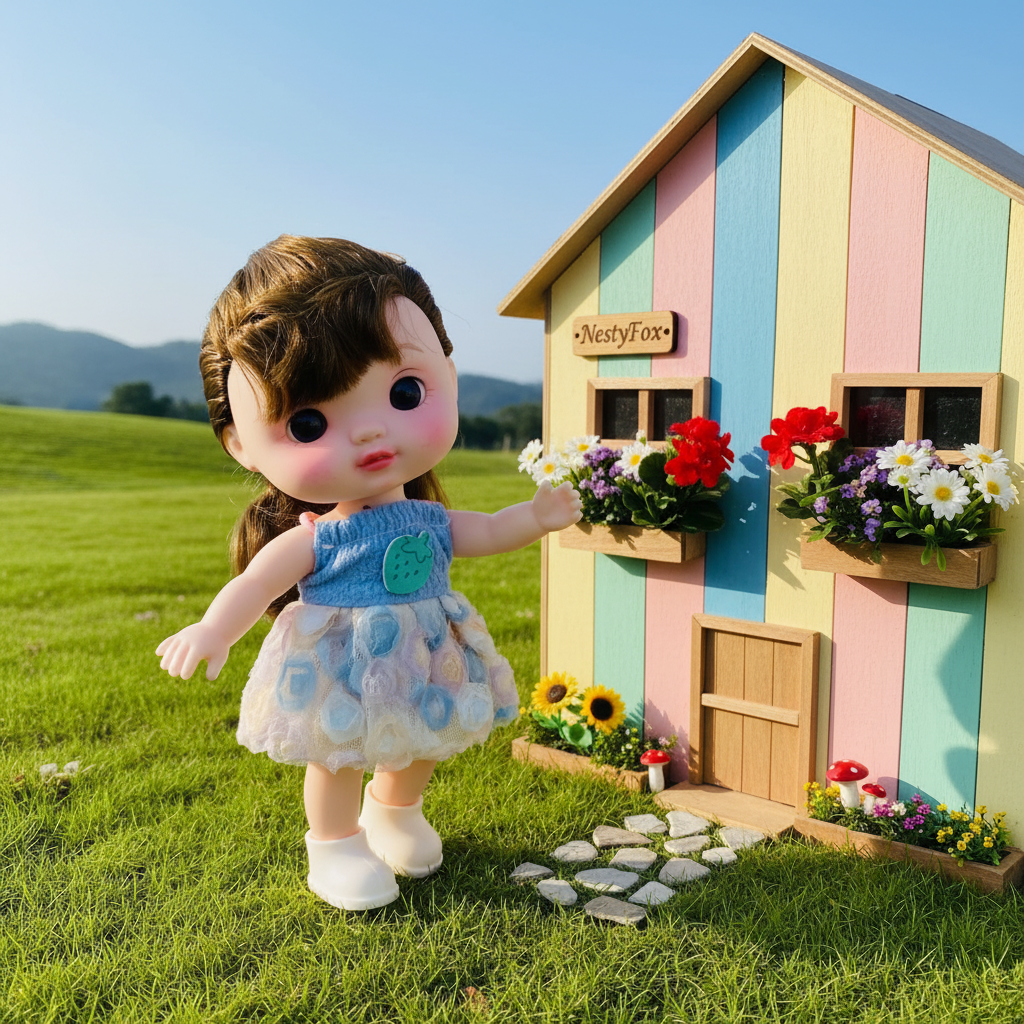 Doll in front of colorful hut