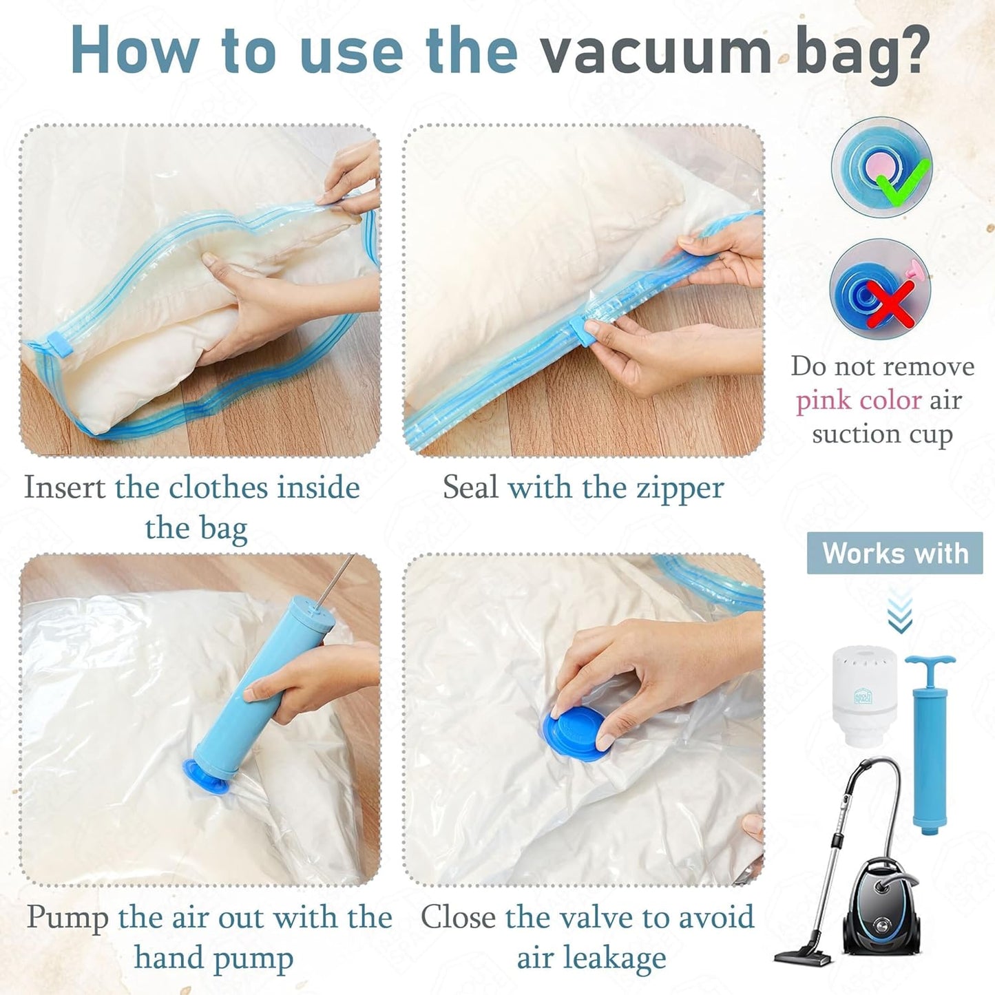 Vacuum Compression Storage Bags with Hand Pump - Large, 5-Pack, Plastic