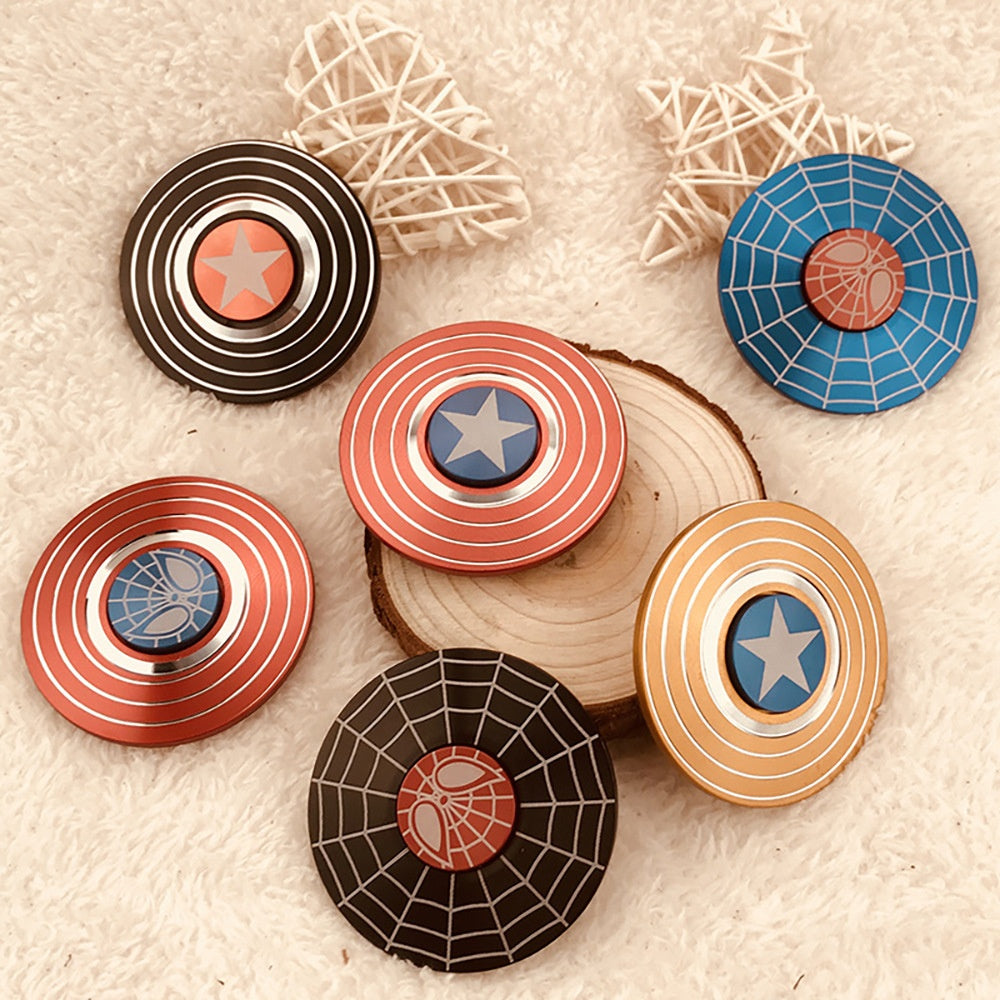 Superhero Metal Fidget Spinner Combo – Pack of 2 featuring Captain America & Spiderman themes, multicolor red and blue, premium metal build, long spinning time, stress relief toy for kids and adults.