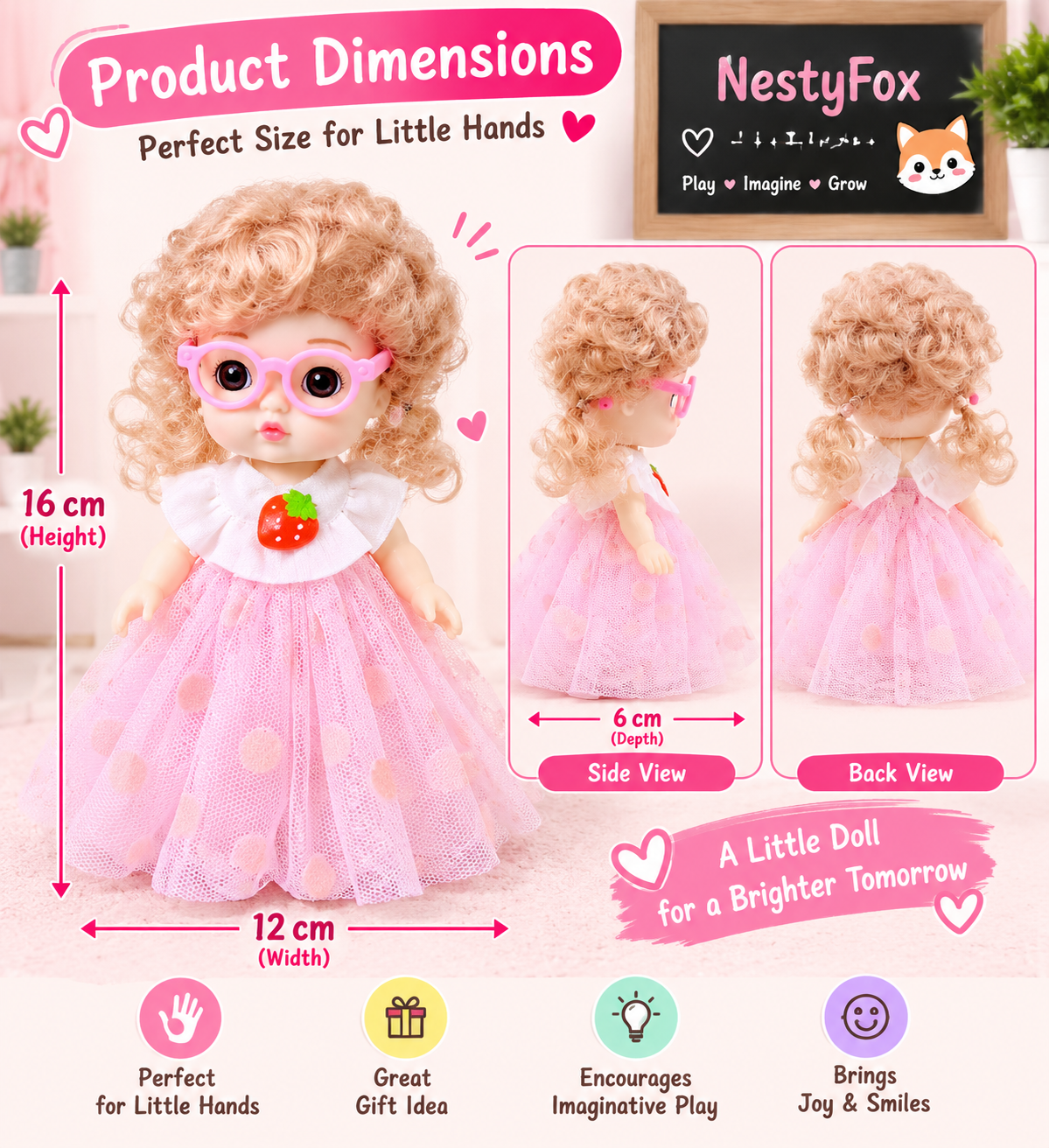 NestyFox Pink Doll Product Dimensions