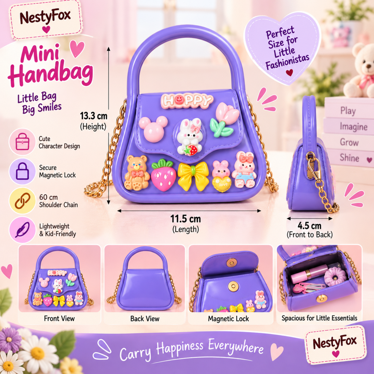 Purple mini handbag with magnetic lock and shoulder chain for girls doll gift set