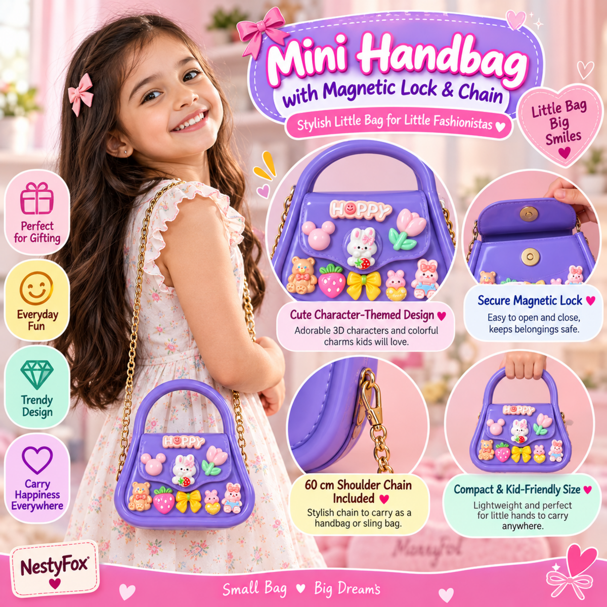 Girl carrying NestyFox purple kids mini handbag with gold shoulder chain