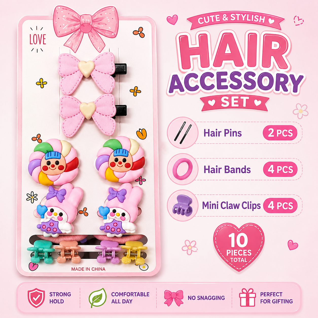 Hair Accessory Set – 10 pieces: 2 Hair Pins + 4 Hair Bands + 4 Mini Claw Clips, cute & stylish