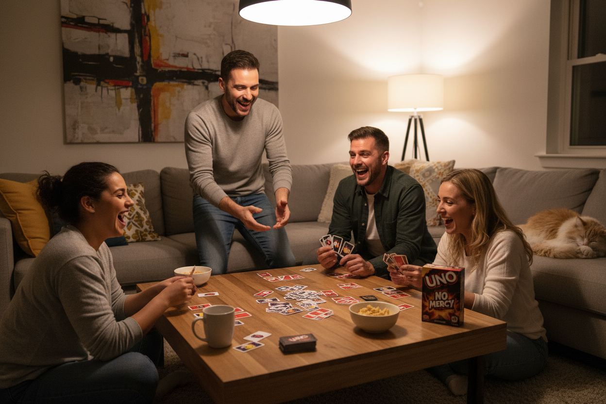 Family playing UNO No Mercy card game together in living room