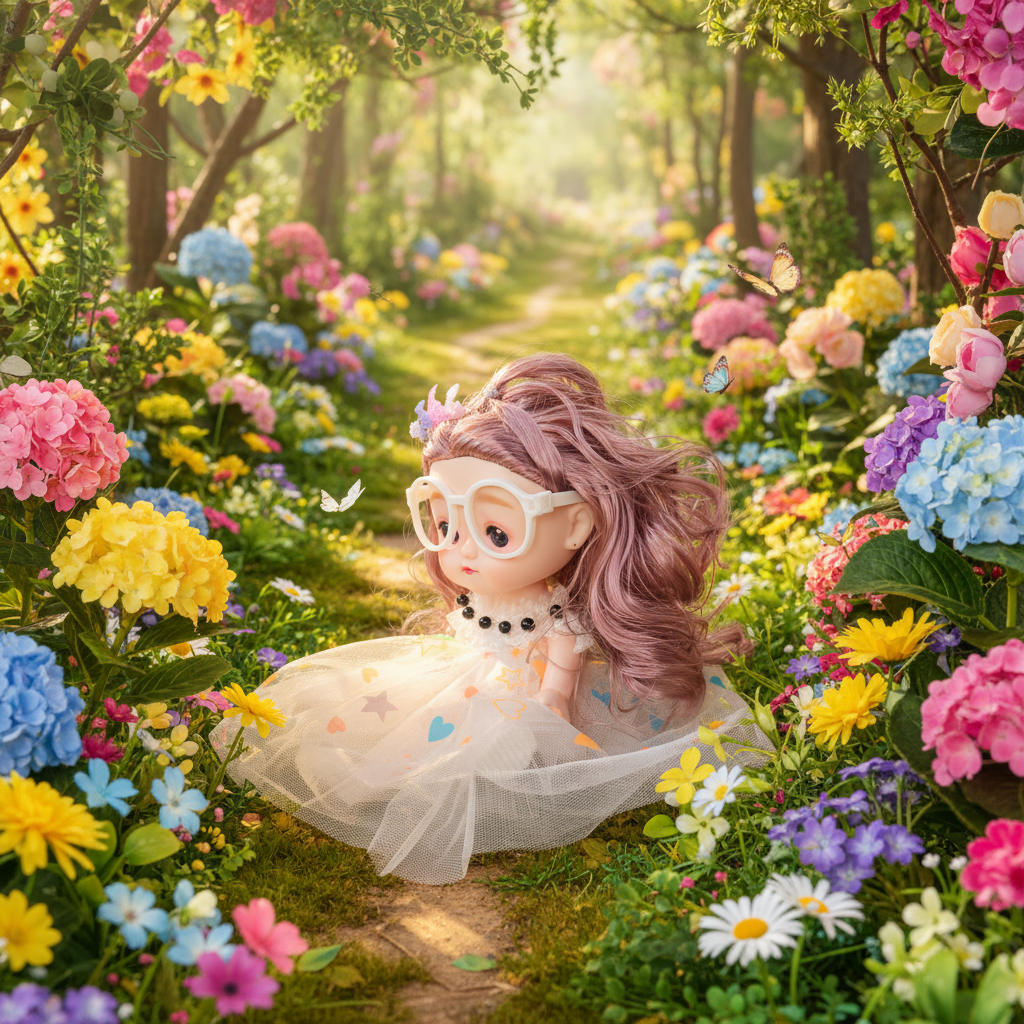 NestyFox 22 cm doll in a colorful forest flower garden