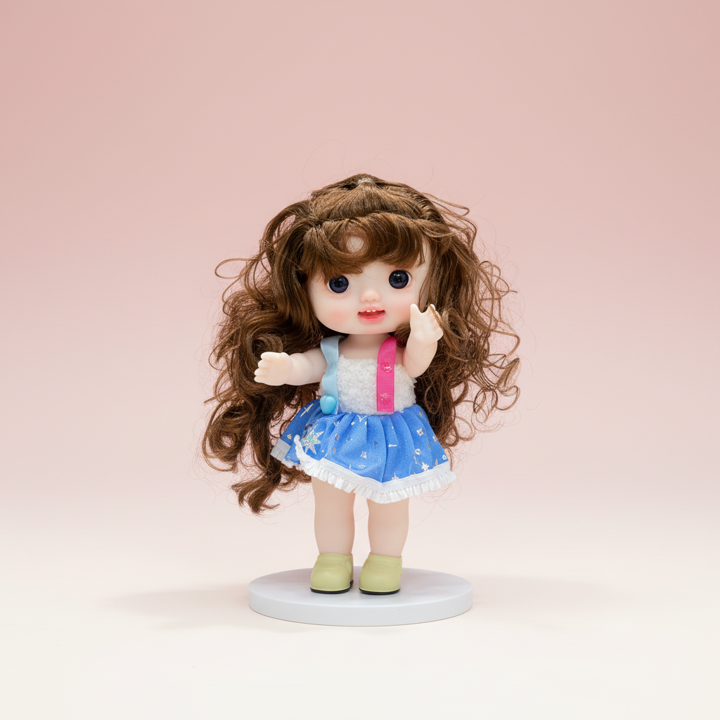 NestyFox doll in floral beige dress on a soft blush studio background