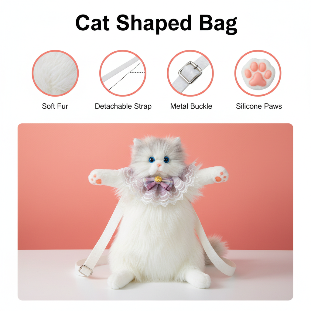 Cat bag listing style coral pink background with features
