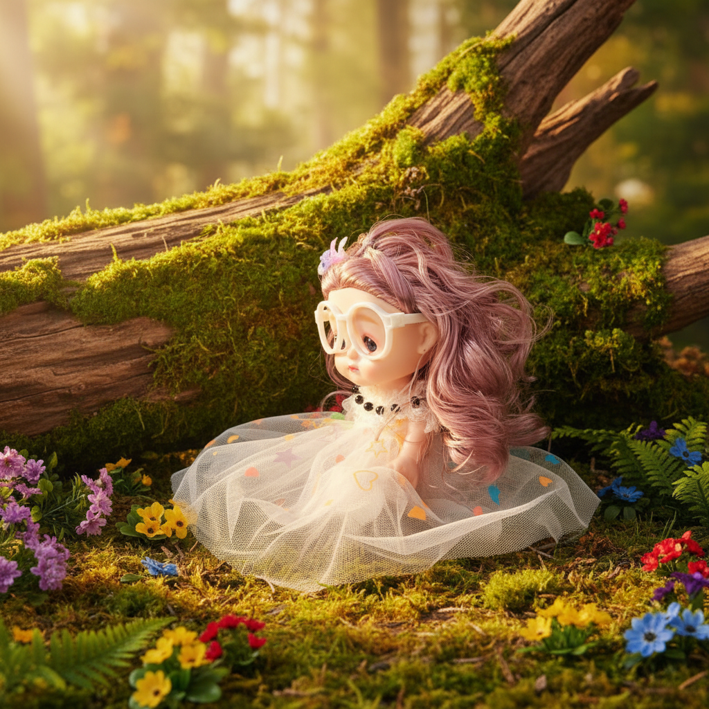 NestyFox 22 cm doll beside an algae-covered fallen tree with flowers