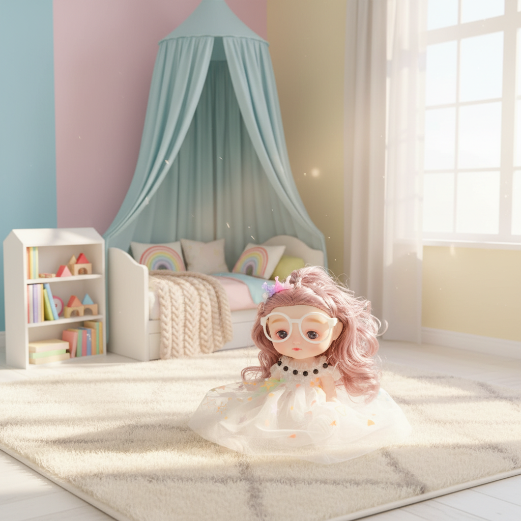 NestyFox 22 cm doll in a cozy children's bedroom