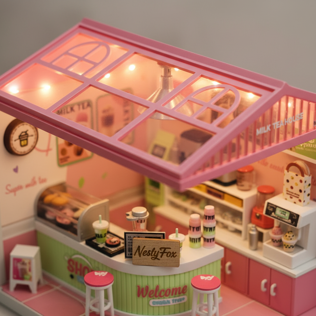 Close-up detail of LED lights and milk tea counter interior