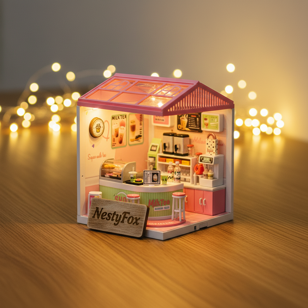 Assembled miniature milk tea shop with LED lights on warm wooden desk