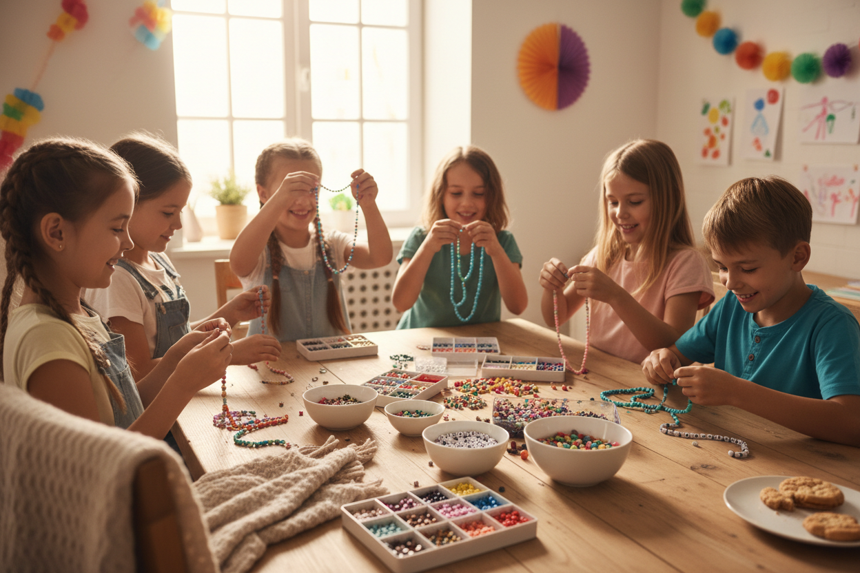 Kids playing with DIY bead jewelry kit